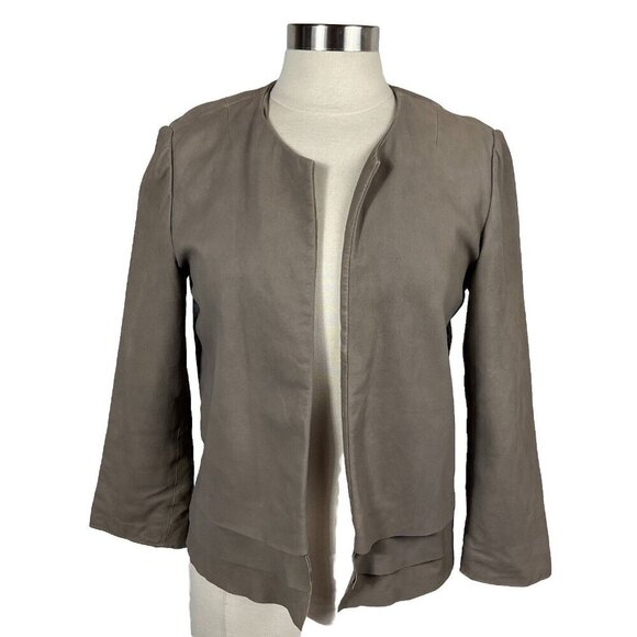 Joie Leather Jacket M Womens Beige Taupe Open Front Layered Hem Collarless